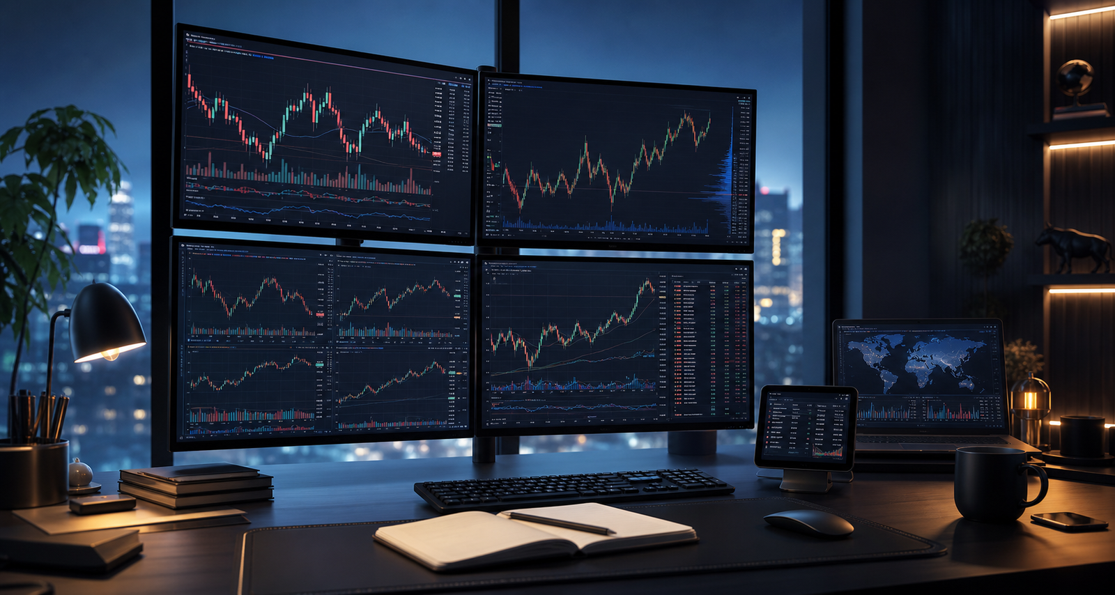 Setup profesional con varias pantallas analizando futuros y forex